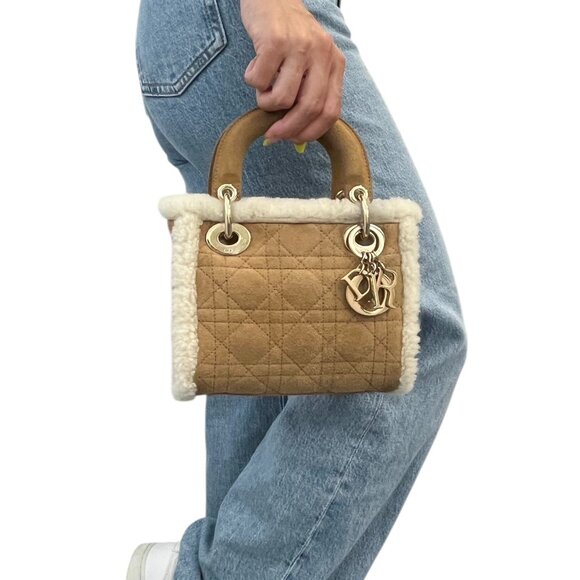 Christian Dior Lady Dior Cannage Mouton 2way Mini Bag Camel Gold Suede [105603] - Picture 5 of 15